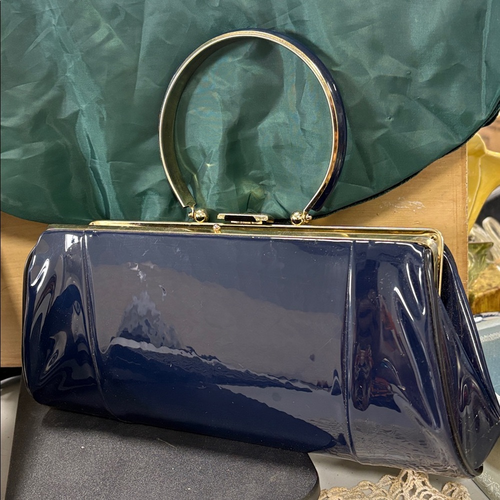 Navy Blue Clutch with Gold Handle Vintage.
